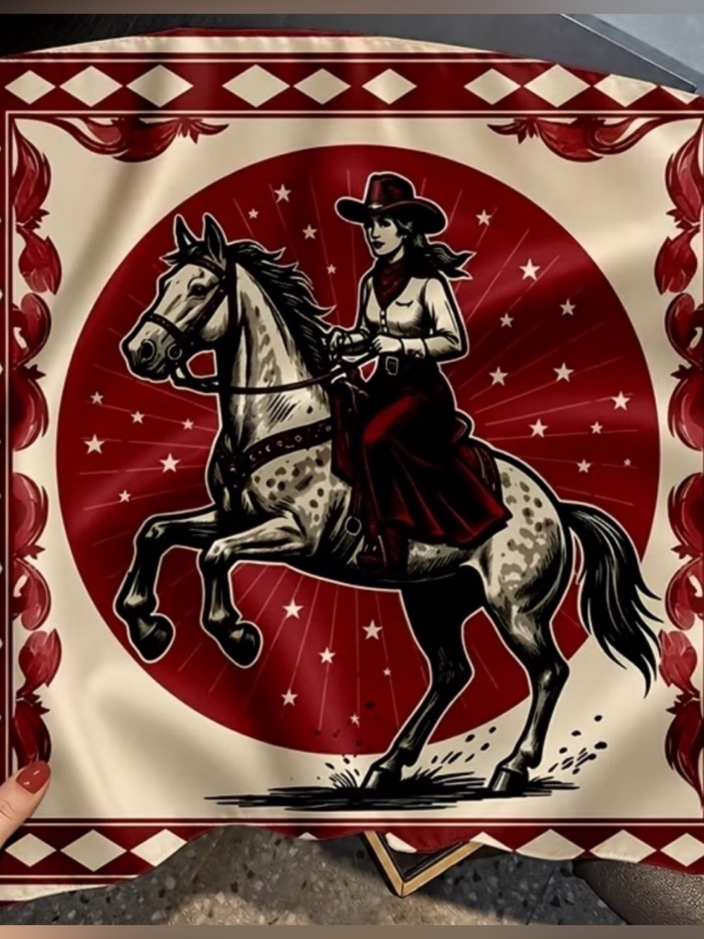 Vibrant Western Cowgirl Horse Scarf in Burgundy and Cream